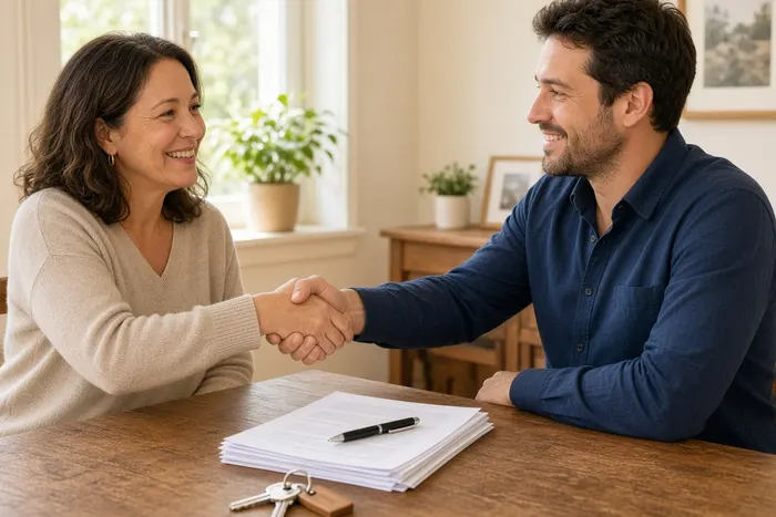 Homeowner and buyer shaking hands at closing