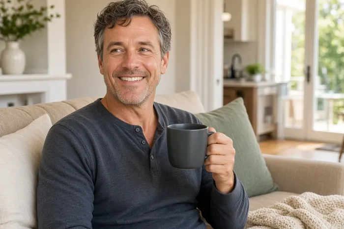 Relaxed homeowner enjoying coffee at home