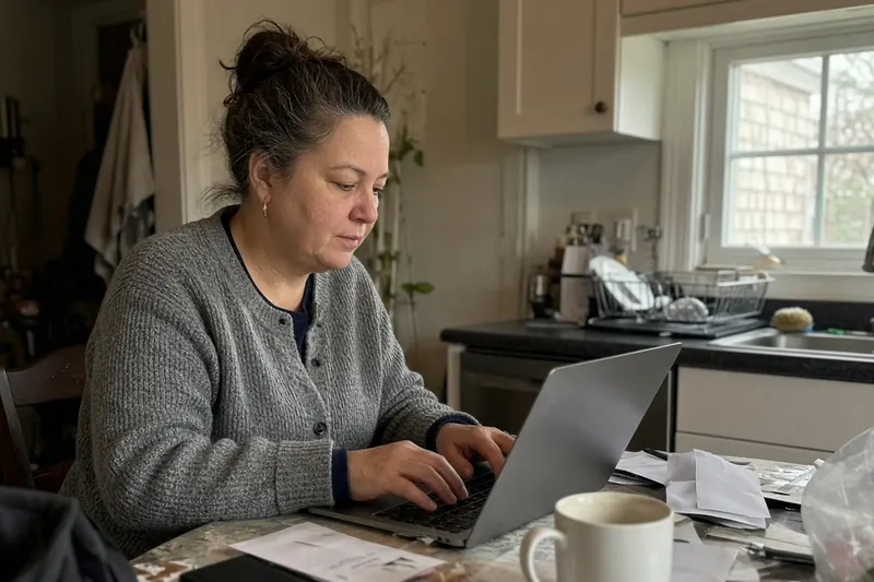 Homeowner filling out a short form on a laptop at her kitchen table