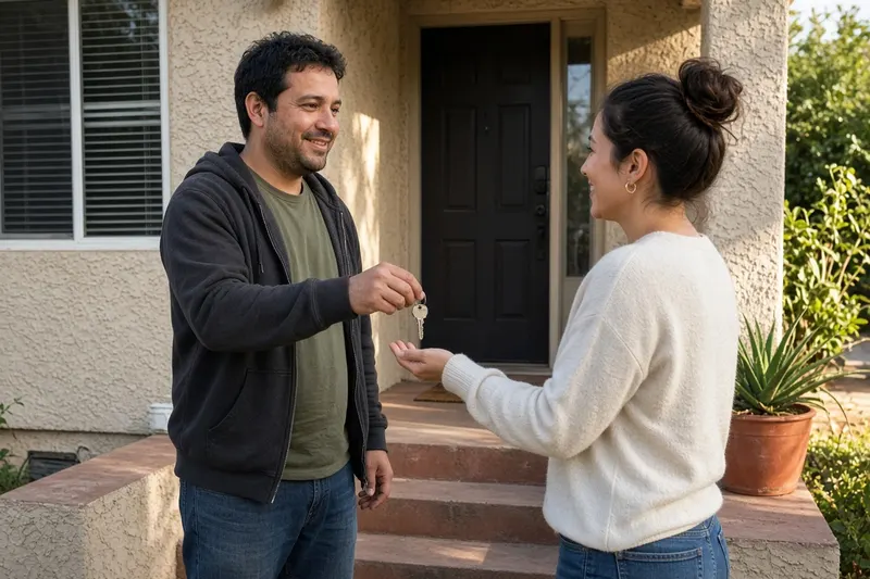 Homeowner handing over house keys on the front porch at closing